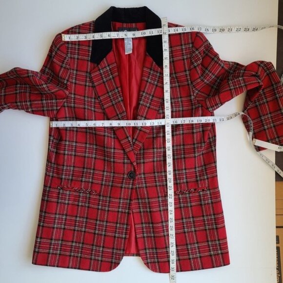 Vintage Red Plaid Blazer Tag sz 14 Velvet Collar Boyfriend 1 Button Christmas - Picture 5 of 9